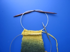  Two circular needles being used for the sleeve