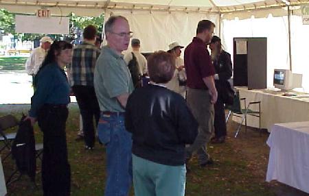 Crowd gathers inside tent