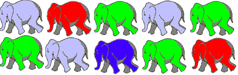[A picture of ten cartoon elephants in four colours, red, green, blue and purple.]
