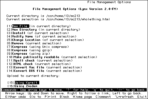 
                                              File Management Options
     
File Management Options (Lynx Version 2.4-FM)

   Current directory is /ccn/home/13/ac213
   Current selection is /ccn/home/13/ac213/wholething.html
         
   [1]New File (in current directory)
   [2]New Directory (in current directory)    
   [3]Install (of current selection) 
   [4]Modify Name (of current selection)
   [5]Change Location (of current selection)        
   [6]Remove (current selection)
   [7]Compress (using Unix compress)
   [8]Compress (using gzip)
   [9]Compress (using zip)
   [10]Make publically readable (current selection)
   [11]Spell check (current selection)
   [12]HTML check (current selection)
   [13]Convert Mac file (current selection)
   [14]Convert DOS file (current selection)
     
   Upload to current directory:              

   [15]Using Kermit  
   [16]Using Zmodem  
   
Commands: Use arrow keys to move, '?' for help, 'q' to quit, '<-' to go back.
  Arrow keys: Up and Down to move. Right to follow a link; Left to go back.
  O)ther cmds  G)o to  P)rint  B)ack  H)ome page  C)omment  ^L=refresh  Q)uit
